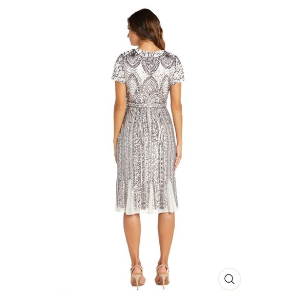 NWT R & M Richards Ivory Midi Length Mesh Sequin Dress w/ Godet Insets Size 8 - Picture 2 of 4